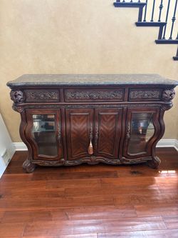 Ornate Wood Buffet Sideboard with Marble Top