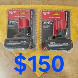$150 New Milwaukee 5.0ah Battery Set (12-Volt price for both)