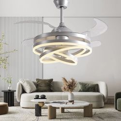 42" Invisible Ceiling Fan Chandelier Light,Modern DIY Ceiling Fan Light Remote Control 4 Retractable ABS Blades for Bedroom Living Dining Room Decorat