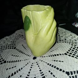 Vtg. Ceramic " Lucky Green Thumb" Hand Vase
