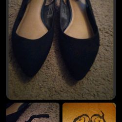  Fioni Shoes Black Pointed Flats SIZE 9 back out buckle & strap