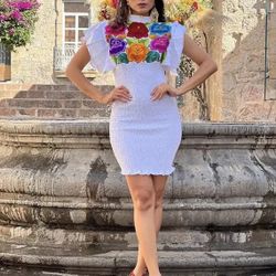 Brand New With Tag Mexican Embroidered Floral Bodycon Dress