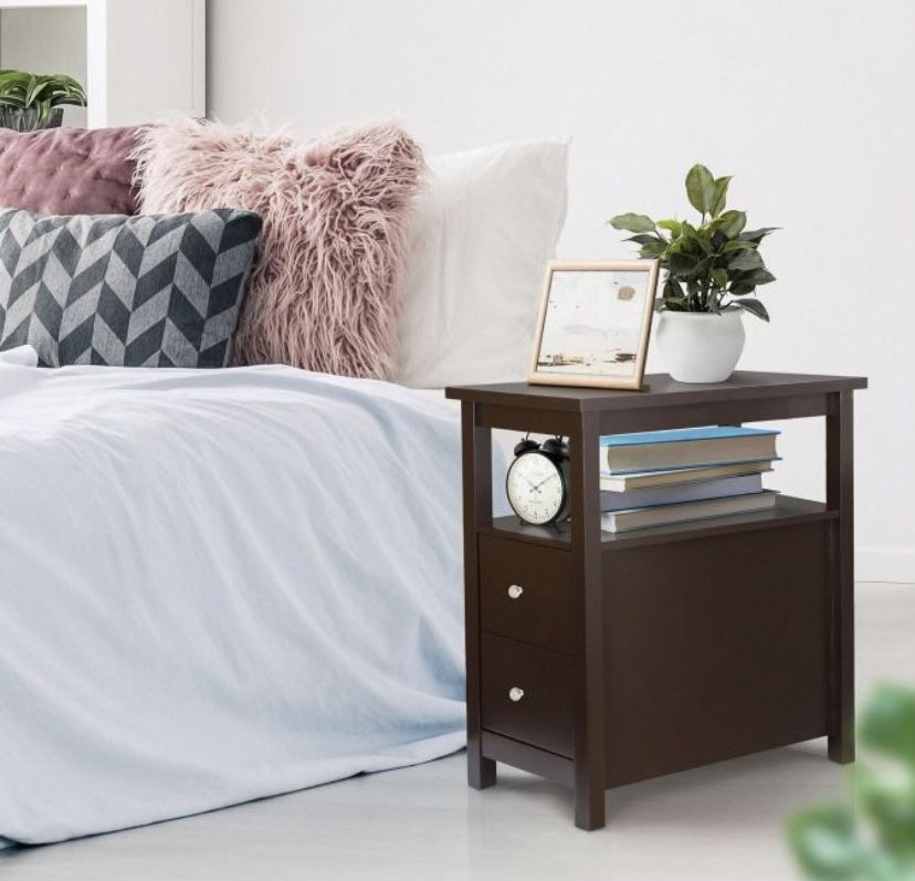  End Table Side cabinet with 2 Drawer and Shelf Narrow Nightstand Furniture Storage For Living Room Bedroom brown New 