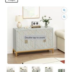 Green Accent Cabinet with Gold Trim, Storage Cabinet with 4 Doors, Modern Wooden Sideboard