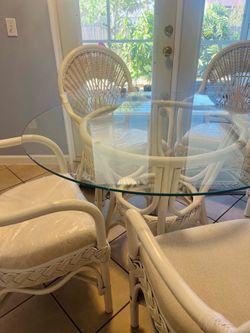 White Wicker Dining Set with Glass Top Table