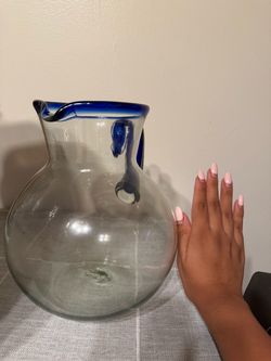 Glass Pitcher with Blue Rim