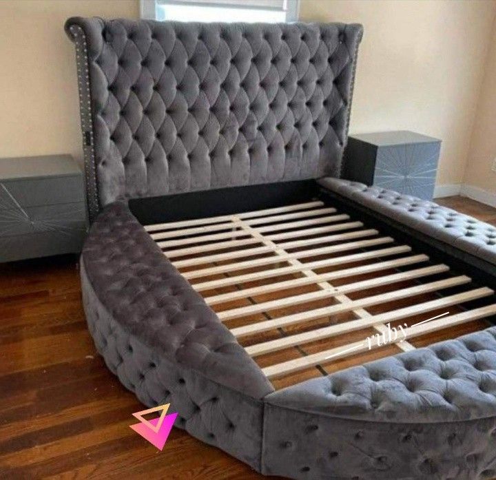 Gray Color Tufted Headboard Luxus Velvet Queen Upholstered Bed| 3 Boxes 39$ Down Payment @ Fast Delivery 🚚