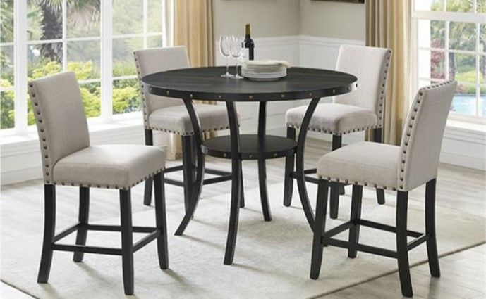 Brand New Counter Height 5pc Round Dining Set With Beige Linen Fabric Nail Studded Chairs