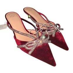 WOMENS GWEN RHINESTONE BOW HEELS A NEW DAY BURGUNDY VELVET POINTED KITTEN MULES SIZE 7