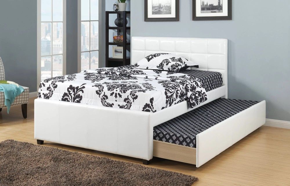 Brand New White Leather Twin Bed w Trundle Bed 