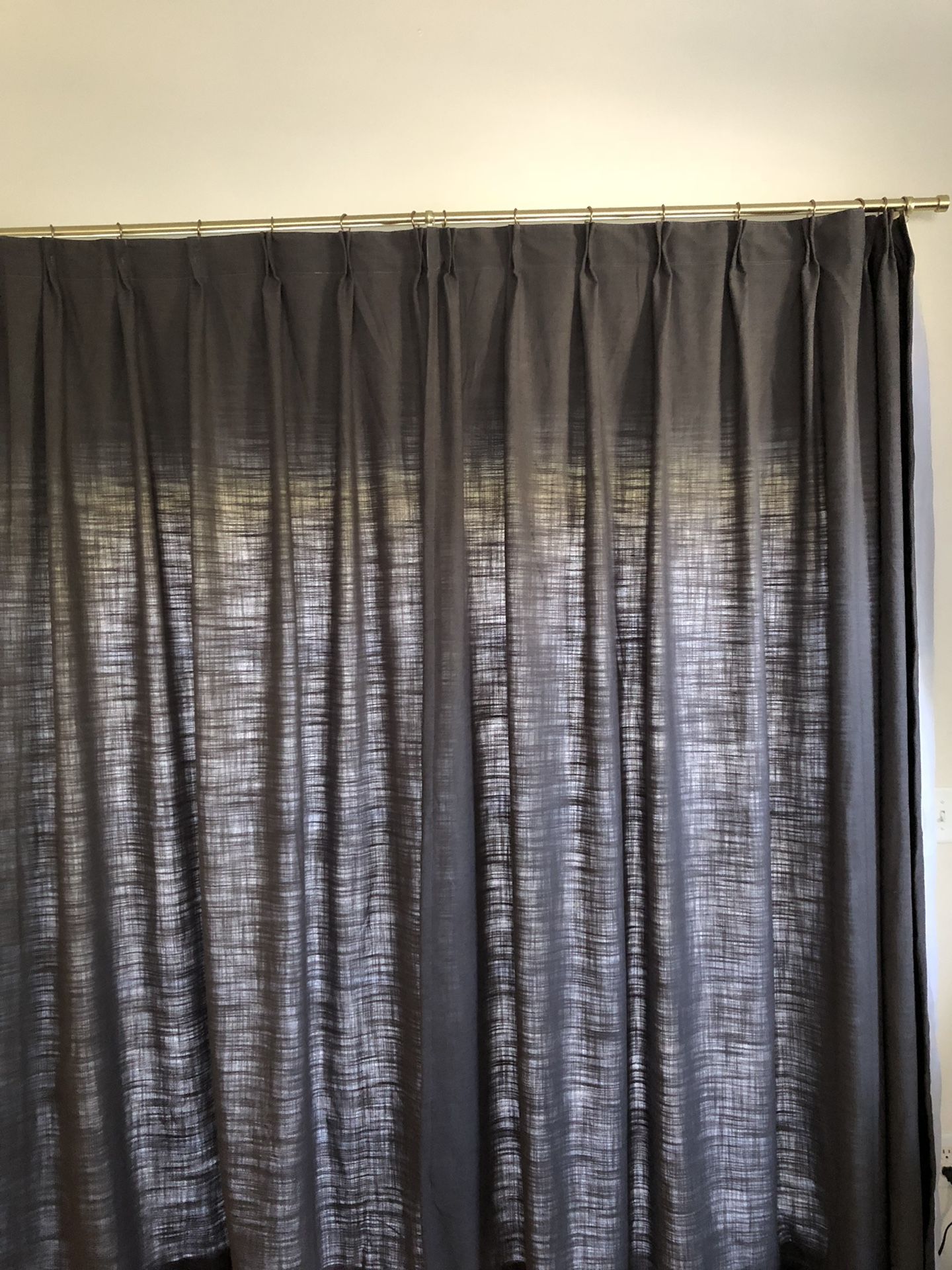 Gray Blackout Curtains w/gold rod & hardware.