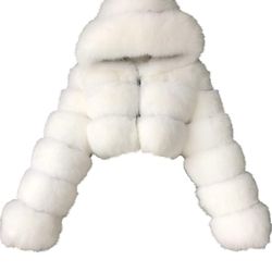Fashionably Fluffy White Crop Jacket With Hoodie