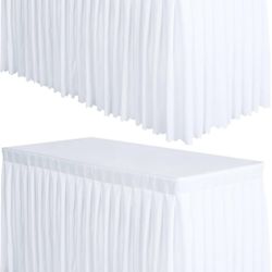 Surmente 2 Pack White Table Skirt, 14ft Polyester Tablecloth for Weddings, Banquets, or Restaurants