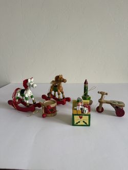 Set of 6 Vintage Wooden Christmas Ornaments - Rocking Horses, Drum, Candle, Toy Scooter, Jack-in-the-Box - Hand Painted