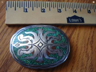 Vintage (DJN) Turquoise & Coral Inlay Sterling Belt Buckle