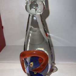 Vintage Cat & Goldfish Blown Glass paperweight Figurine