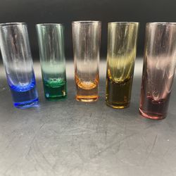 Vtg MCM Multi Color Tall Shot Glasses Set 5 Bubble Bottom Weighted Base Shooters