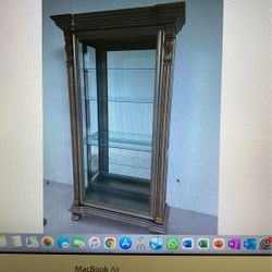 China Cabinet, Mirror Back , Glass Shelf. Silver & Gold