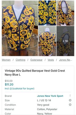 Vintage 90s Quilted Baroque Vest Gold Crest Navy Blue L