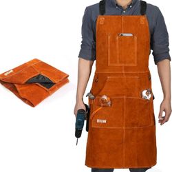 Qeelink Leather Welding Work Apron with 6 Tool Pockets, Heat & Flame Resistant W