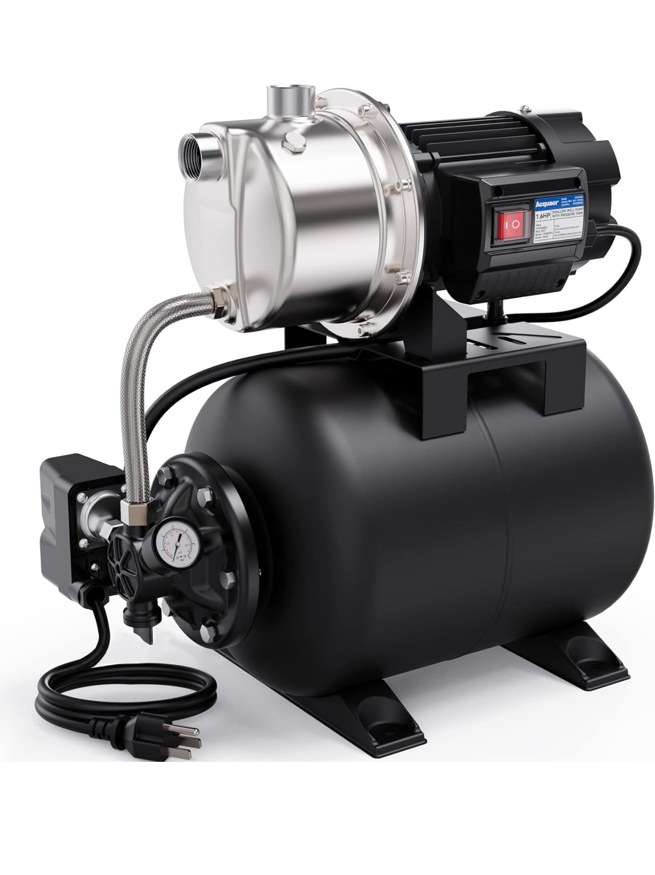 Acquaer 1.6 HP Shallow Well Pump with Pressure Tank, Stainless Steel, 1320 GPH 115V Irrigation Pump, Automatic Water Booster Jet Pump for Home, Garden