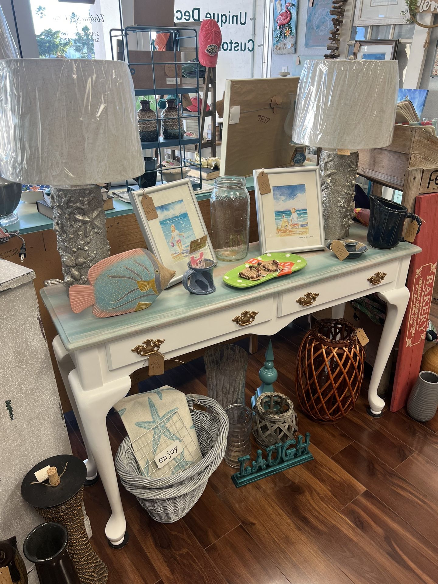 Unique Beautiful Coastal Style Solid Wood Entry Way Table or Console Table or Desk Beachy White