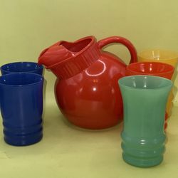 VTG Anchor Hocking Set of Red Tilted Pitcher and Cups