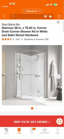 Shop Glacier Bay Glamour 36 in. x 76.40 in. Corner Drain Corner Shower Kit in White and Satin Nickel Hardware