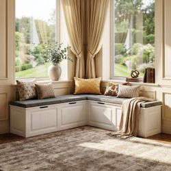 L Shaped Storage Bench with Hidden Storage, Corner Entryway Bench with Cushions, White Mudroom Bench - White