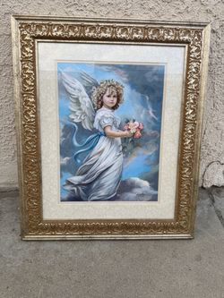 Home Interior decor Framed Angel Girl Art Print Gold Frame