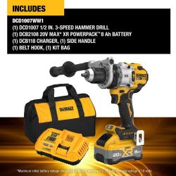 DEWALT Hammer Drill  20V, Premium, 1/2 in Chuck, 1/2 in, 1/2 in Concrete Capacity, 3, 1,530 in-lb