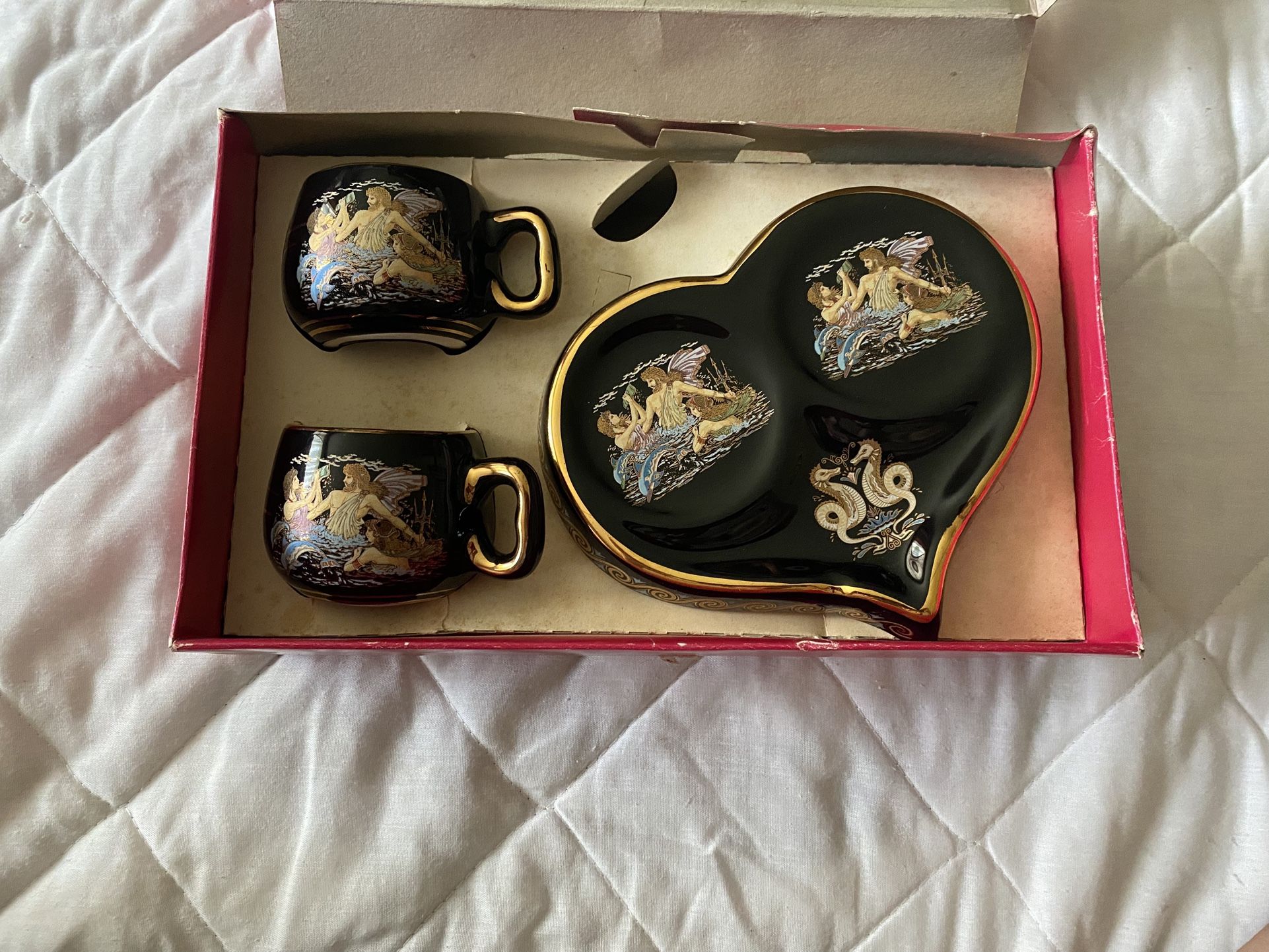 Handmade In Greece 24k Black and Gold Heart Shaped Cup Set Imported From Greece