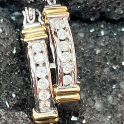 14K White/Yellow Gold .24ctw Diamond Hoop Medium 7/8" Earrings 3.3g