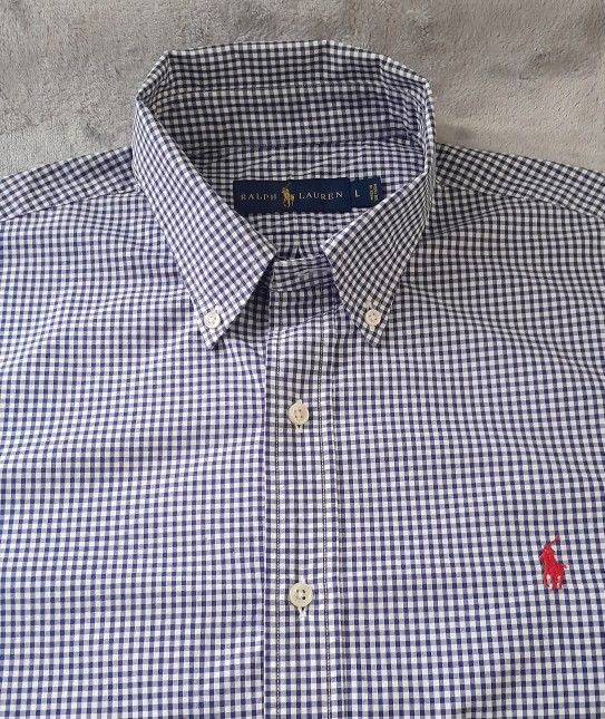 Polo Ralph Lauren Men's Long Sleeve Button Down Dress Shirt Size: L Color; Blue/White With Red Pony Logo