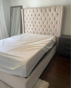 Queen Size Cream Velvet Tufted Wingback Bed Frame