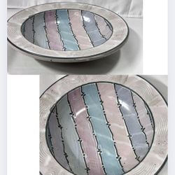 Vintage Signed Cunningham Pottery Raised Large Bowl Pastel W Wall Hanger MINT