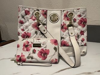 Liz Claiborne White/Pink Floral Quilted Tote With Matching Wristlet Wallet