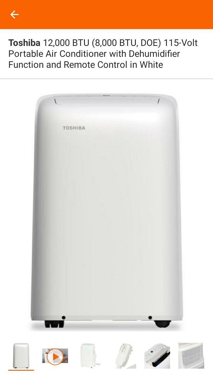 Toshiba 12,000 BTU (8,000 BTU, DOE) 115-Volt Portable Air Conditioner with Dehumidifier Function and Remote Control in White A/C RETAIL $500