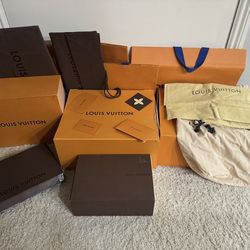 5 Louis Vuitton boxes, 5 dust bags, 6 shopping bags, receipt holders