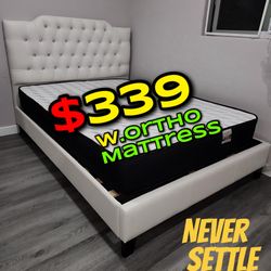 Full Size White Crystal Bed W Orthopedic Mattress 