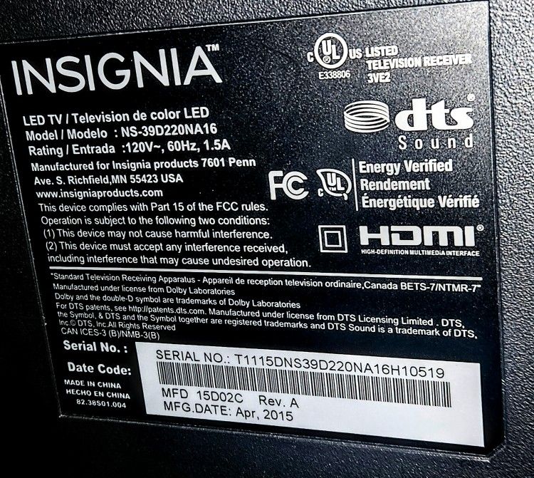 Insignia 39in LED tv