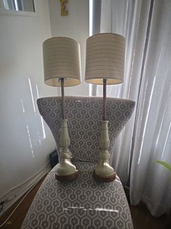 2 standard size off-white and gray table lamps
