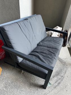 Outdoor Patio Chair Loveseat Powder Coat Charcoal Black with Grey Cushions Like New
