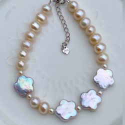 B57-Handmade 4 Flower Pearl S925 Sterling Silver Bracelet