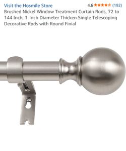 Brushed Nickel Window Treatment Curtain Rods, 72 to 144 Inch, 1-Inch Diameter Thicken Single Telescoping Decorative Rods with Round Finial