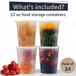 24 Pack 32 oz Plastic Soup Cups Deli Food Storage Containers Tight Lids Non-Spill Stackable Microwaveable Freezer Dishwasher Safe
