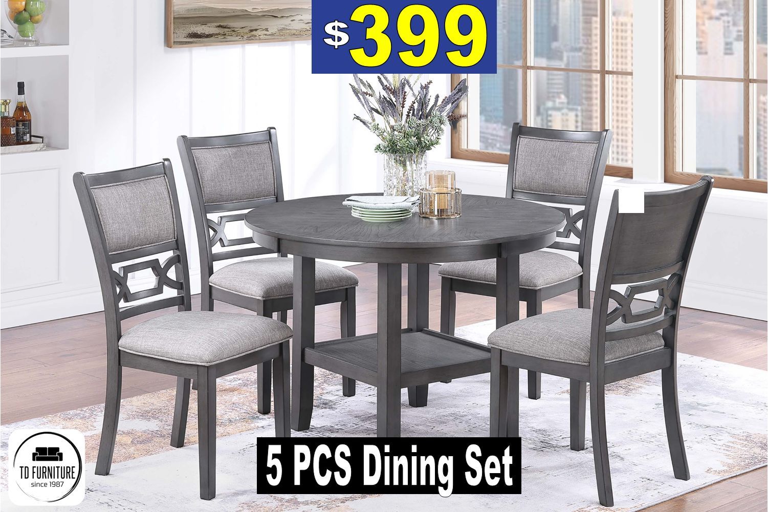 5 Pcs Round Table Gray Dining Set