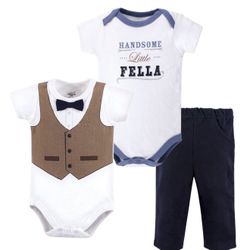 Little Treasure Baby Boy Cotton Bodysuit and Pant Set, Handsome Fella, 9-12 Months
