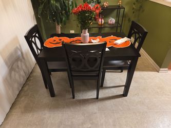 Dining set, table, 3 chairs, bench