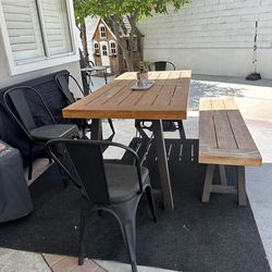 Wood Metal Patio Table AND bench And 4 Metal Black  Chairs  